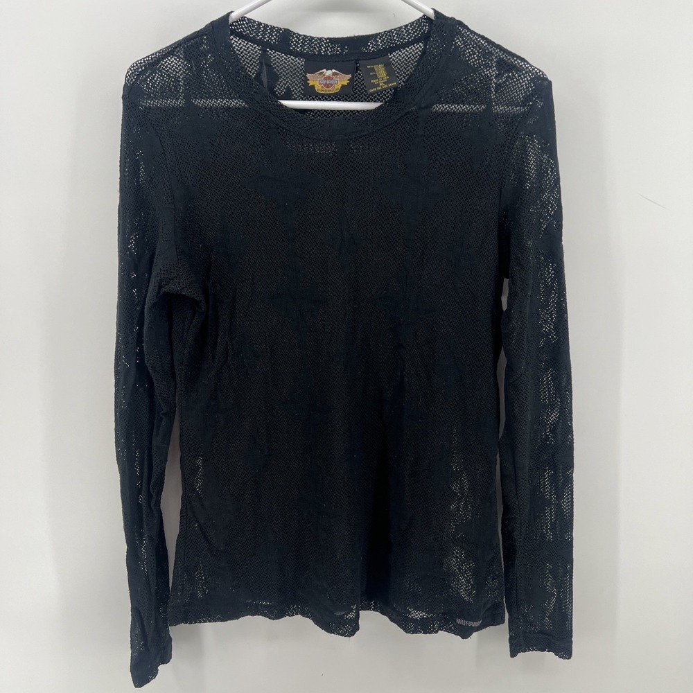 Harley-Davidson Shirt Women's XL Black Sheer Mesh Tattoo Graphic Y2K Made In USA